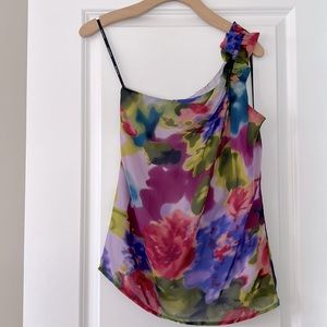 BEBE Watercolor Floral Print Silk One-Shoulder Blouse with Ruffle Detail